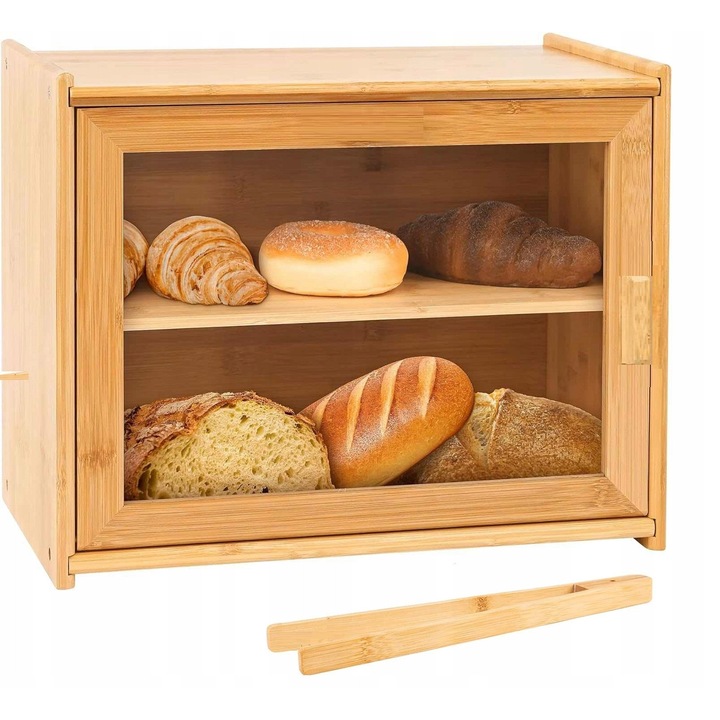 Bambusz kenyértartó plexi ajtókkal, 40x31x20cm, környezetbarát, könnyen tisztítható