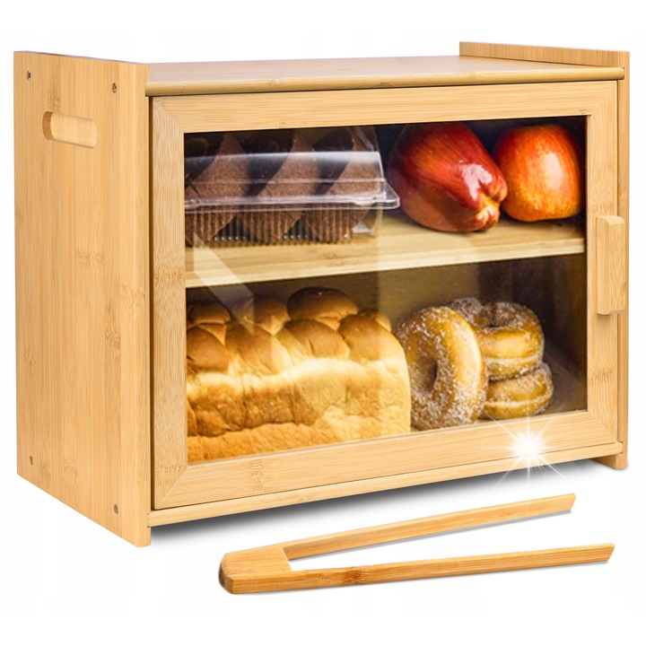 Pierre bambusz kenyértartó, 2 szintes, állítható tartóval és átlátszó ablakkal, natúr, 31x40x20cm