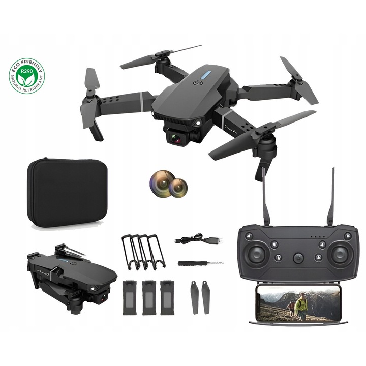 Dron E88 Pro, 2 camere 1080P/720P, 3 baterii, multicolor, 100m, set