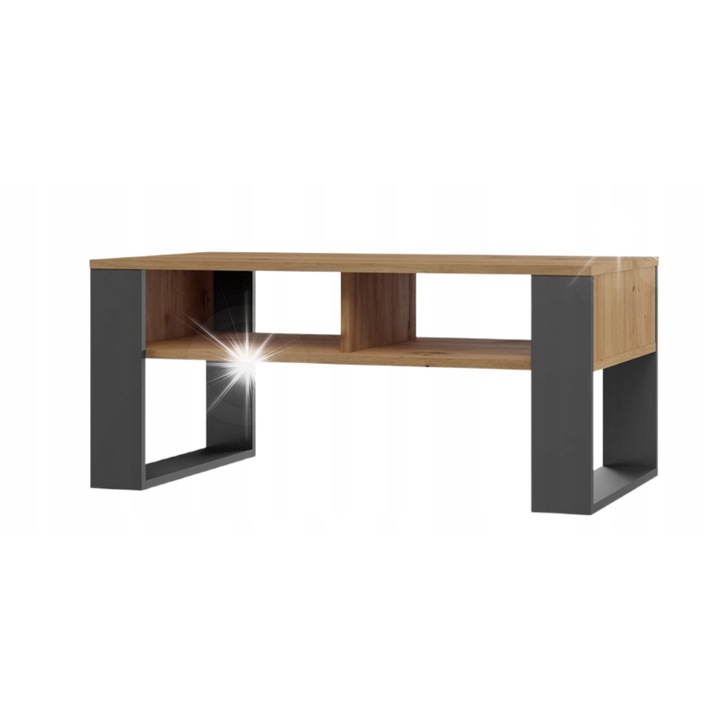 Модерна маса с 2 рафта, плот дъб артезан, антрацитни крака, 90x58x50см