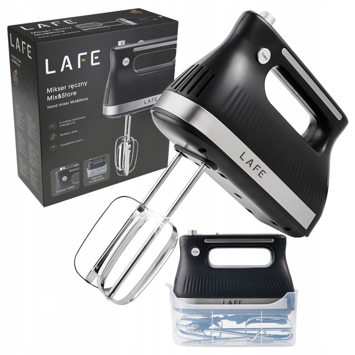 LAFE kézi mixer, 500W, 5 sebesség, Turbo, 2 kiegészítővel, fekete, tárolóedénnyel