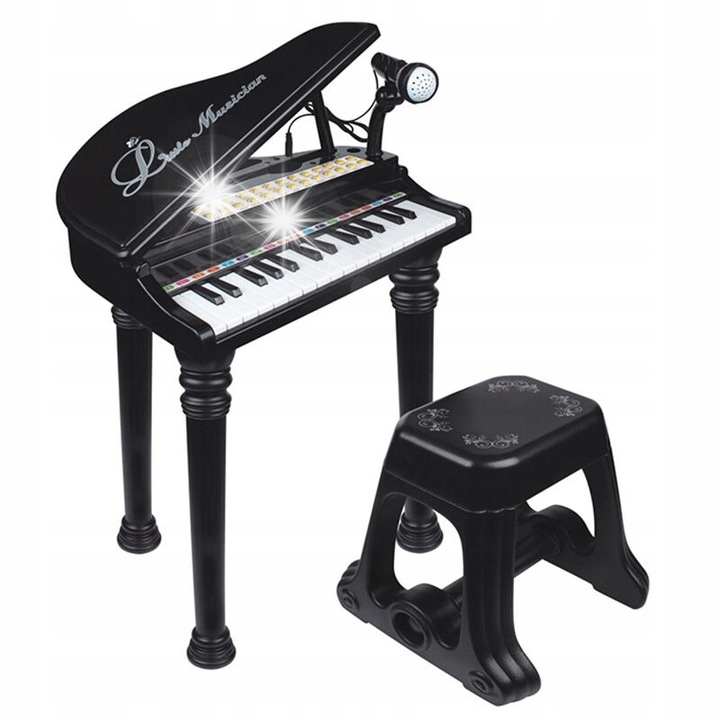 Gyermek zongora mikrofonnal és székkel, 37 billentyű, 3 oktáv, 60x40x35cm, fekete
