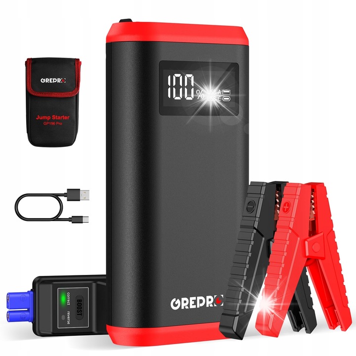 Powerbank de urgenta GREPRO 3000A pentru pornirea masinii, 12V, cu display LCD, lanterna LED, dimensiuni 17x8x3cm