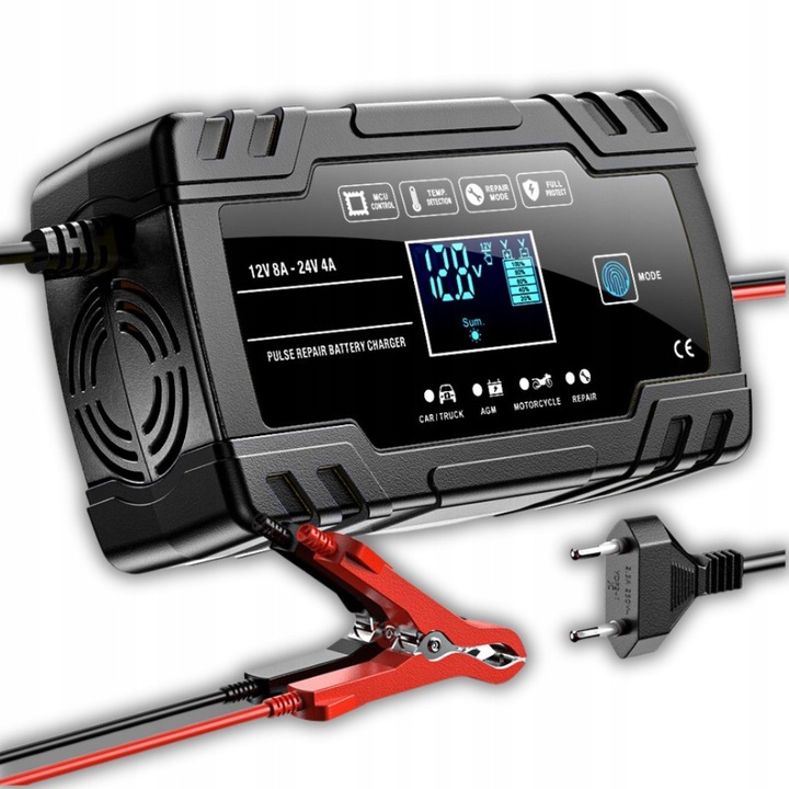 Automata autótöltő akkumulátor javító funkcióval 12V/24V, LCD kijelző, méretek 17x10x5.5cm