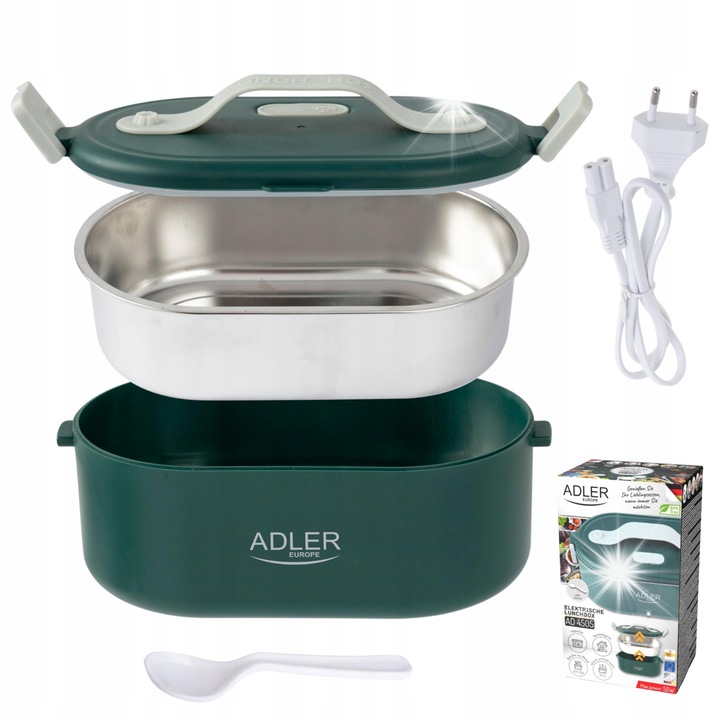 Elektromos ételhordó, Adler, 800ml, rozsdamentes acél, zöld, 22x13x9cm, elválasztóval és kanállal