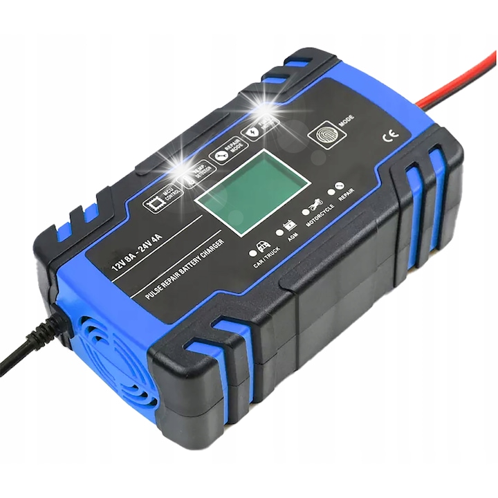 Automatikus autós töltő LCD 12V/24V, 8A, túlterhelés elleni védelemmel, méretei 170x98x58mm