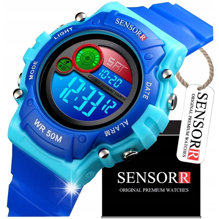 Детски спортен часовник SENSORR, S-SHOCK, удароустойчив, немска каишка, многоцветен, 38x43x12мм