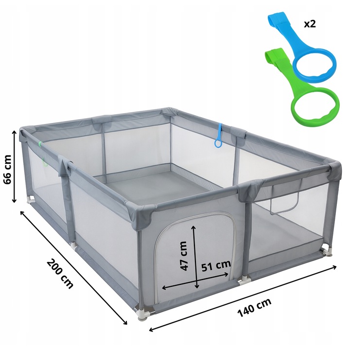 Gyerek járóka, Aptel, 200x140cm, fogantyúkkal az állás tanulásához, szürke, hordtáskával