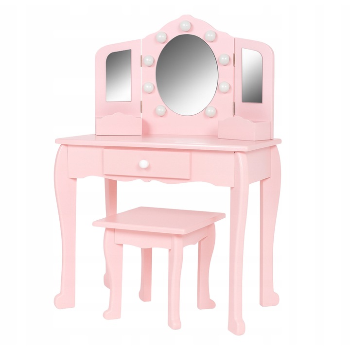 Тоалетка за момичета, Aptel, PinkDream LED, пастелно розова, със сгъваемо огледало и табуретка