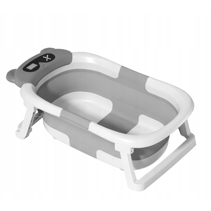 Сгъваема вана за деца, Aptel, силиконова, с термометър и възглавница, бяло-сива, 74,5x45,5x19,5см