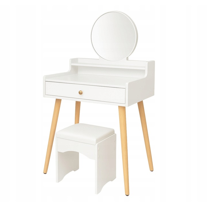 Козметична тоалетка с огледало, Aptel, бяла, скандинавски дизайн, 125x40x60см, комплект с табуретка
