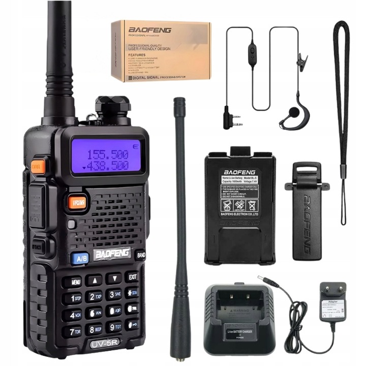 Baofeng UV-5R rádióállomás, walkie talkie, szkenner, fekete színű