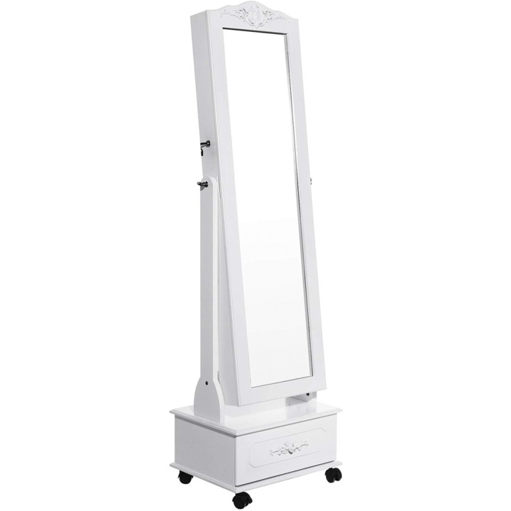 Talpas tükör ékszertároló szekrénnyel, LED-világítással és kerekekkel, kulccsal, 35x45x156 cm, fehér