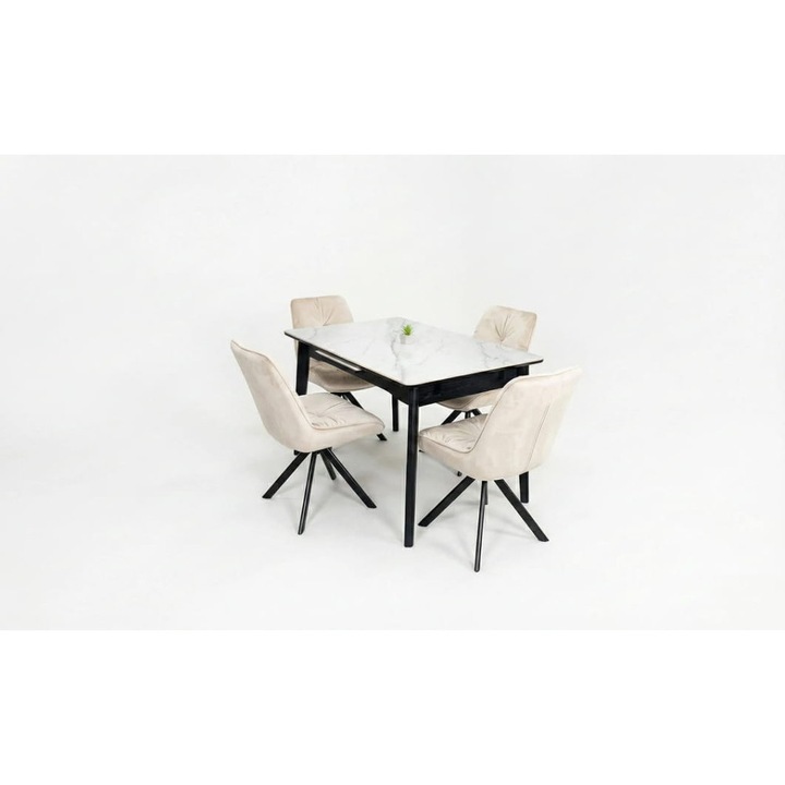Set Masa Living Extensibila KJT4711-1 Alb cu 4 Scaune Tapitate KJC356 Bej
