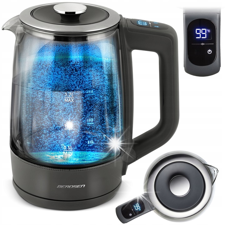 Fierbator electric din sticla Berdsen, 1.7L, panou tactil, gri, rapid