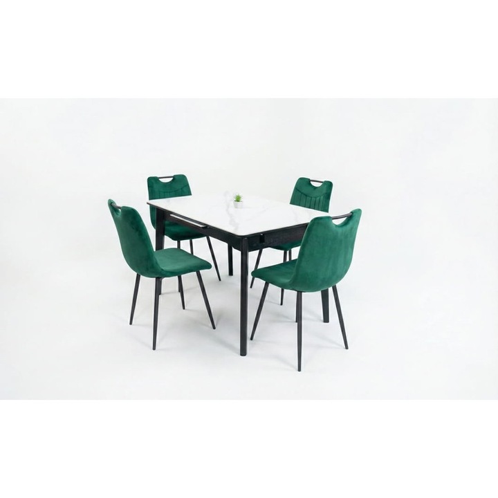 Set Masa Living Extensibila KJT4711-1 Alb cu 4 Scaune KJC0358 Verzi