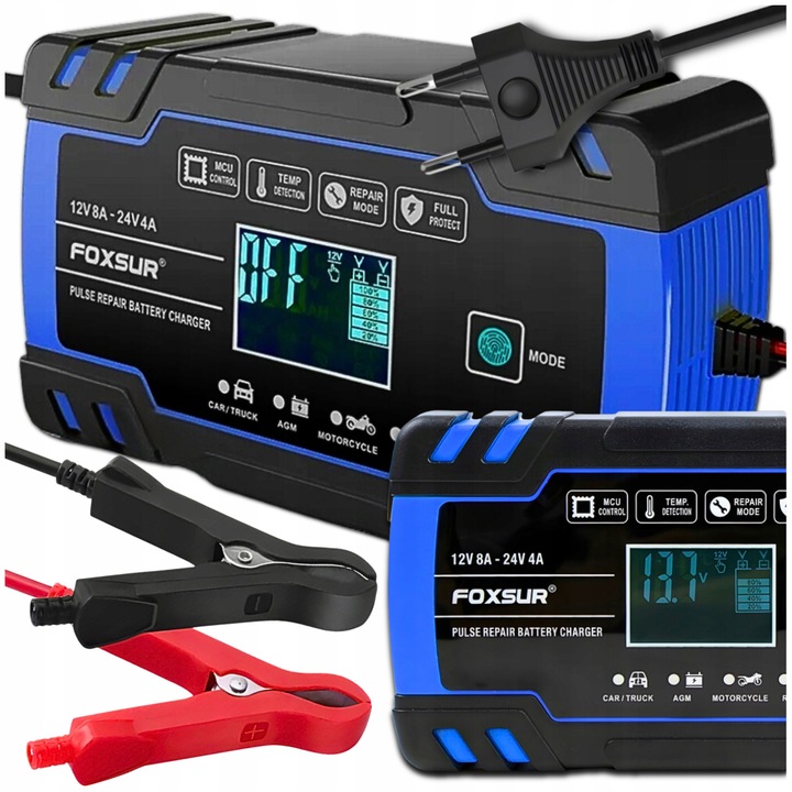 Redresor auto Foxsur 8A 12V/24V, 4 moduri, display LCD, set complet