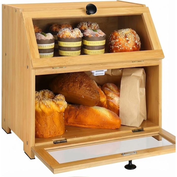 RayLove bambusz kenyértartó, 2 rekeszes, szellőző, polcos, 30x15x20cm