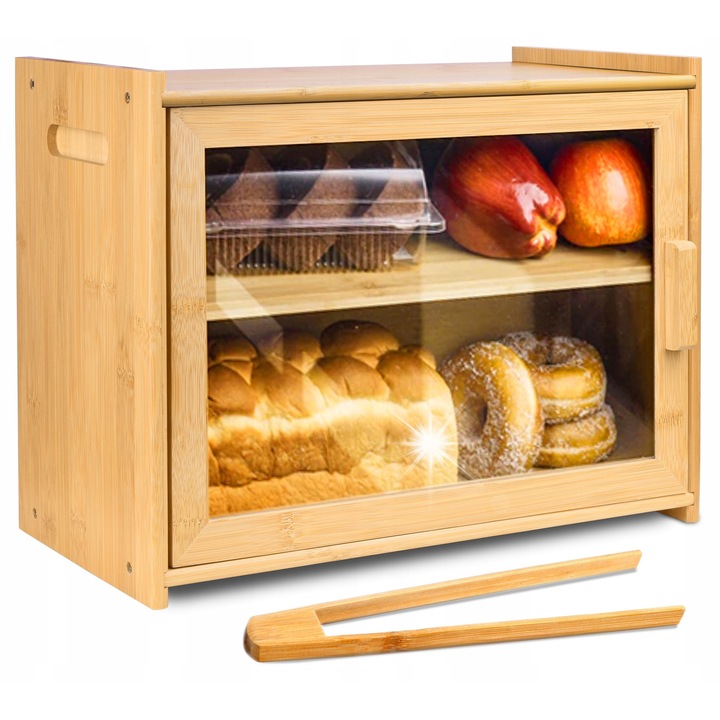 Bambusz élelmiszeres doboz, két polccal, kenyérhez, sokszínű