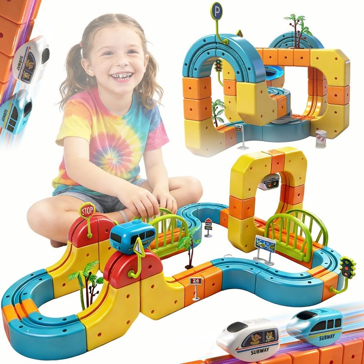 Set Trenulete Electrice, Pista Cubica Flexibila 3D, 2 Trenulete Reincarcabile prin USB, Construieste-ti propriul sistem de fuziune a sinelor si sine gravitationale creative, Jucarie educationala STEM, 4-8 ani, WALALLA