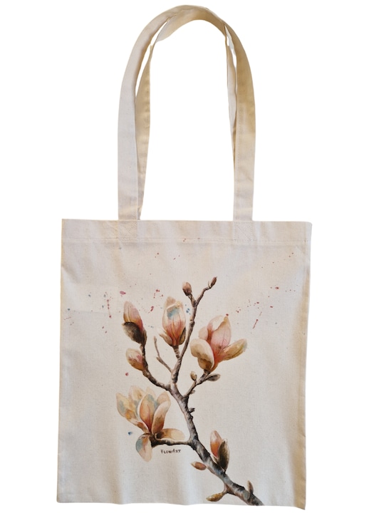 Sacosa din bumbac pictata manual FLOWART – Ramura de magnolie, geanta textila cu flori pictate