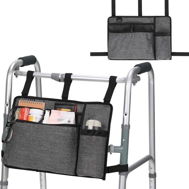 Geanta laterala pentru scaun, Geanta organizator pentru scaun cu rotile, impermeabila, multifunctional, compartimente multiple, Oxford impermeabil, design portabil, pentru iPad, carti, reviste, telefon mobil, tableta, ochelari, 40x28 cm, Gri