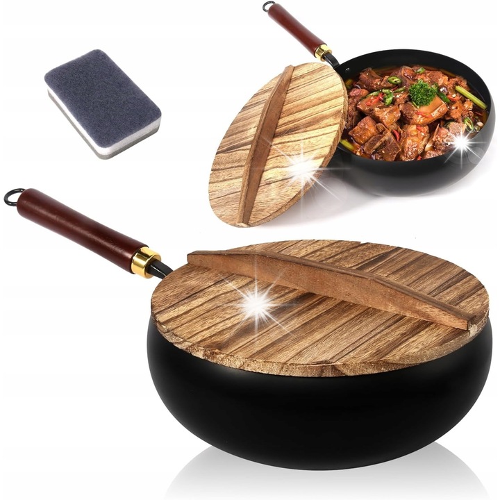 Чугунен тиган с дървен капак, 26,5x13,5x27,5см, рустикален дизайн, за пържене и готвене