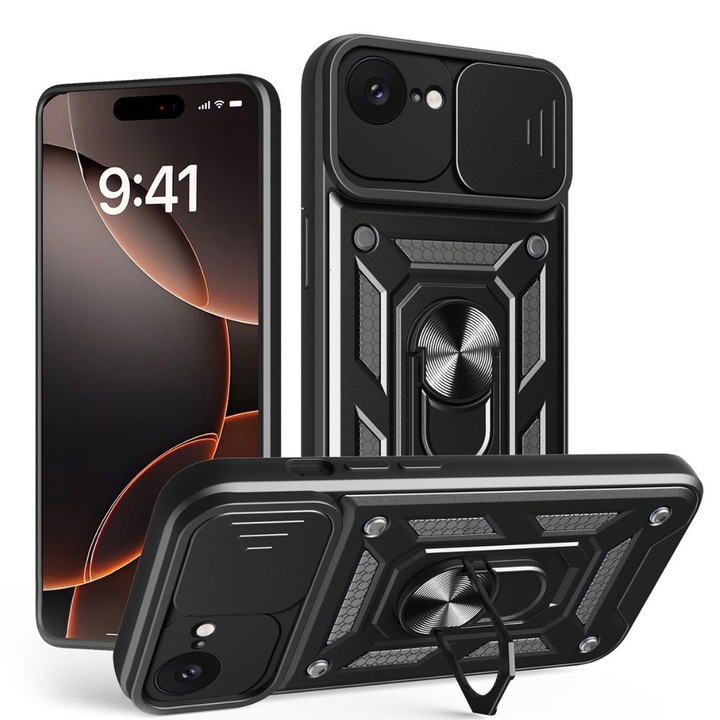 Husa Cam Shield Magnet Stand G-Tech, compatibila cu Apple iPhone 16e/17e, Antisoc Defender, Magnet suport auto incorporat, Functie stand, Policarbonat, Negru