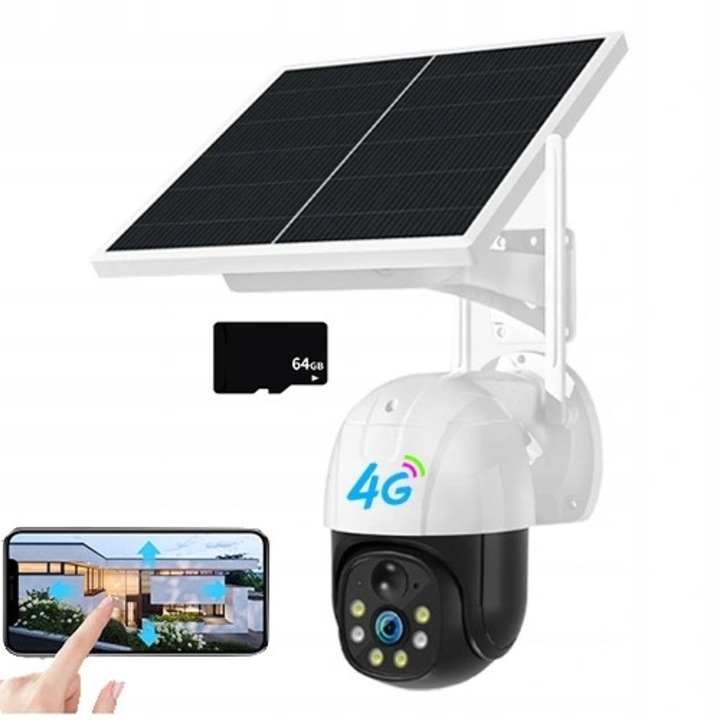 Въртяща се соларна камера за наблюдение, 1920x1080, водоустойчива, с детекция на движение, пълен комплект