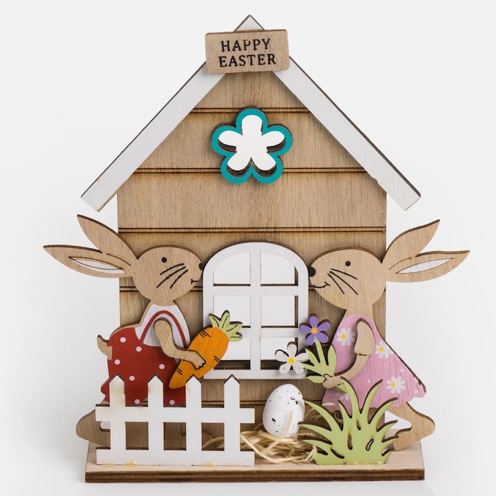 Decoratiune Paste Casuta Din Lemn Cu Iepurasi Gard Ou Happy Easter Ornament Decor Masa Perete Primavara 15.5x4x18 cm Shopiens