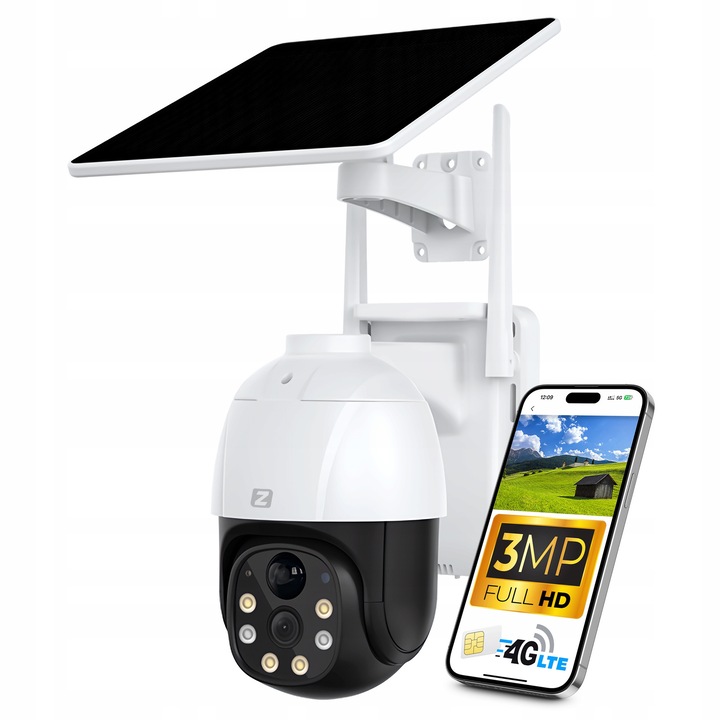 Zintronic IP соларна камера за наблюдение 3MP, Wi-Fi, безжична