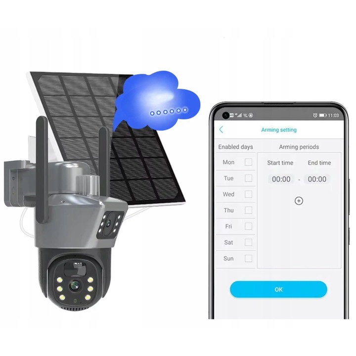 Външна WiFi въртяща се камера за наблюдение с два обектива, 6MP, соларна, водоустойчива, пълен комплект