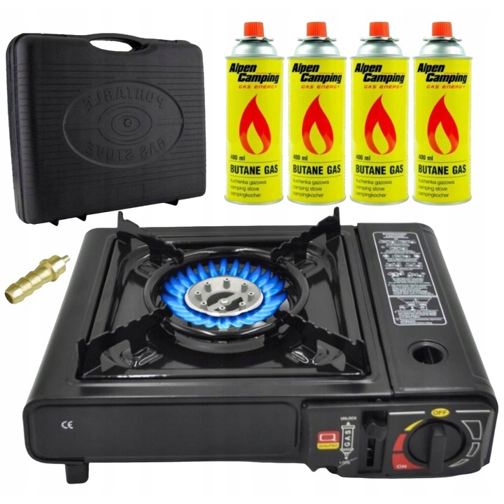 Gáz turisztikai tűzhely 2 az 1-ben, 3000W, készlet 4 db 400 ml-es patronnal, szállítótáska, 34x28x11,5 cm