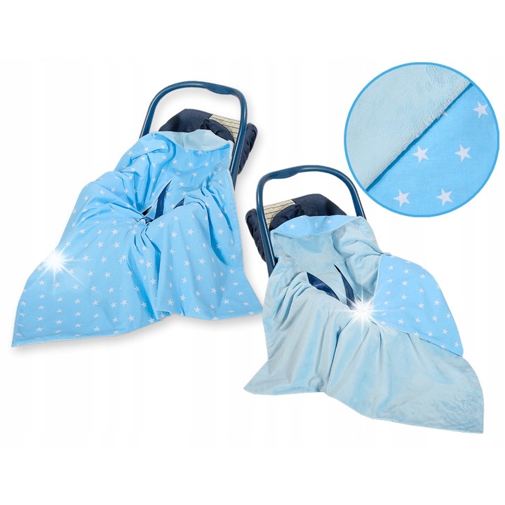 Бебешко одеяло Bobono, модел със сини звезди, 100x100см, от памук и минкове, две лица