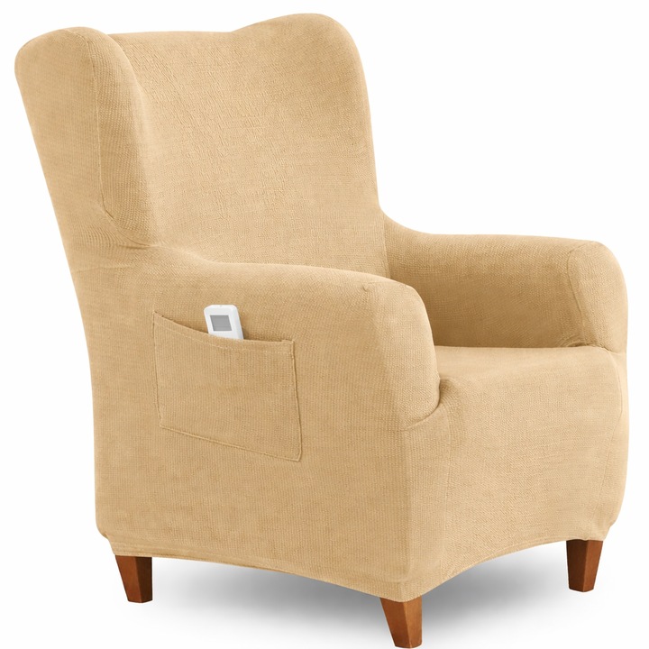 Husa fotoliu Textilhome, 70-110 cm, universala, elastica, cu buzunar, culoare bej