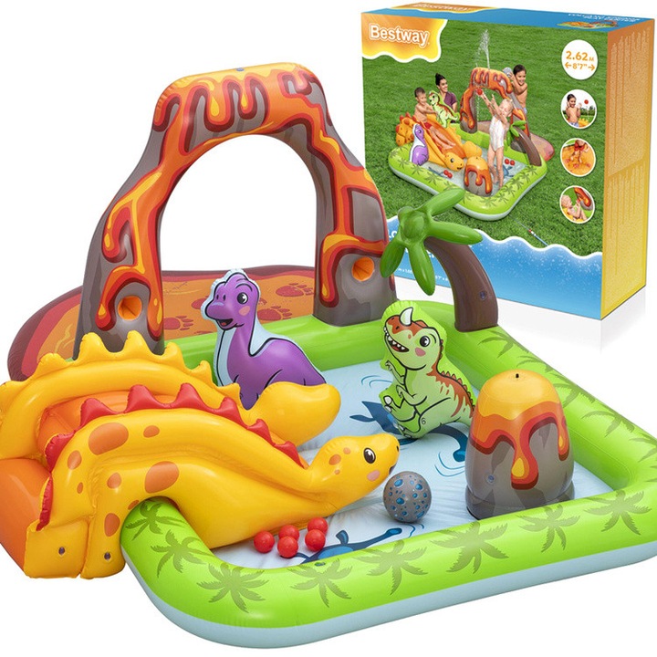 Centru de joacă gonflabil Bestway Volcano Springs, piscina 2.62m x 1.88m x 1.02m, multicolor, set cu accesorii