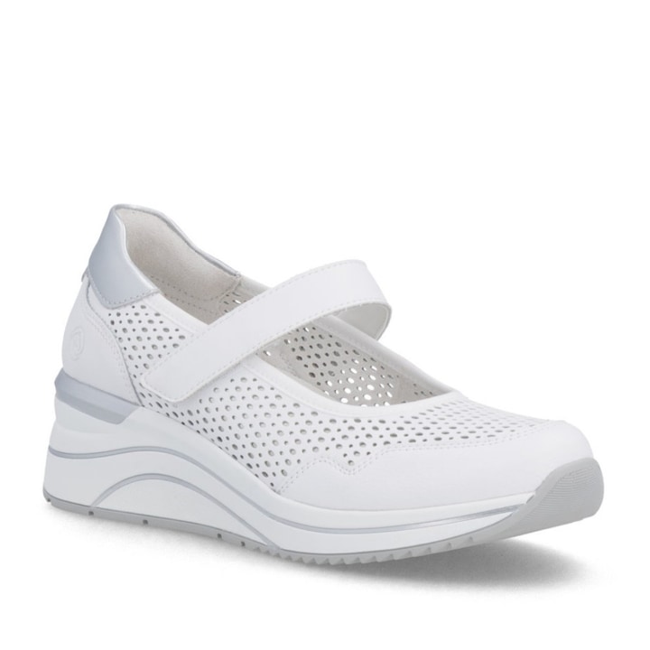 Rieker Remonte D0T21-80 pantofi casual damă cu talpă pană din piele albă, cu închidere velcro