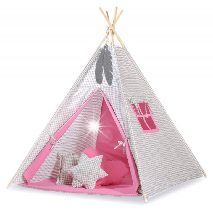 Детска палатка типи Bobono, сива с розова, 130x130см, включва 2 декоративни пера