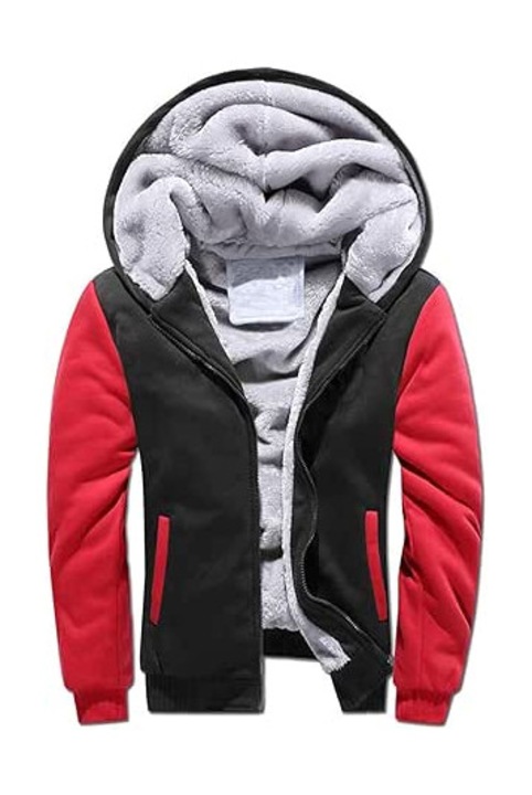 Hanorac pentru Barbati cu Gluga – Captusit cu Fleece, Gros, Rezistent la Vant si Frig, Buzunare Laterale, Casual & Outdoor, Negru/Rosu, Marimea L