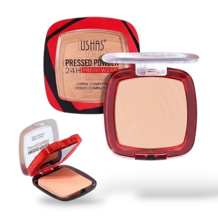 Pudra Compacta USHAS 24H Fresh Wear, Matifianta, Fixare Machiaj, Rezistenta 24h, Acoperire Naturala, Pentru Ten Gras si Mixt, cu Burete si Oglinda, Bej mediu cald 08