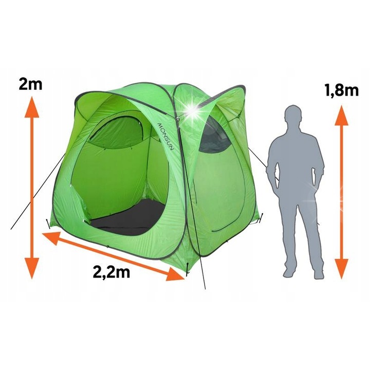 Monsun kempingsátor, automata, 225x225x190cm, vízálló, szúnyoghálóval, 2 rudas készlet