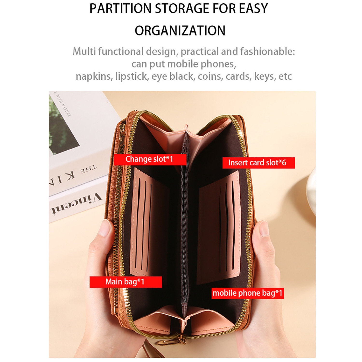 Husa portofel cu fermoar, 6 suporturi pentru carduri, huse telefon crossbody din piele PU, cu suport carduri cu fermoar si curea tip snur crossbody, cu buzunar pentru bani, maro