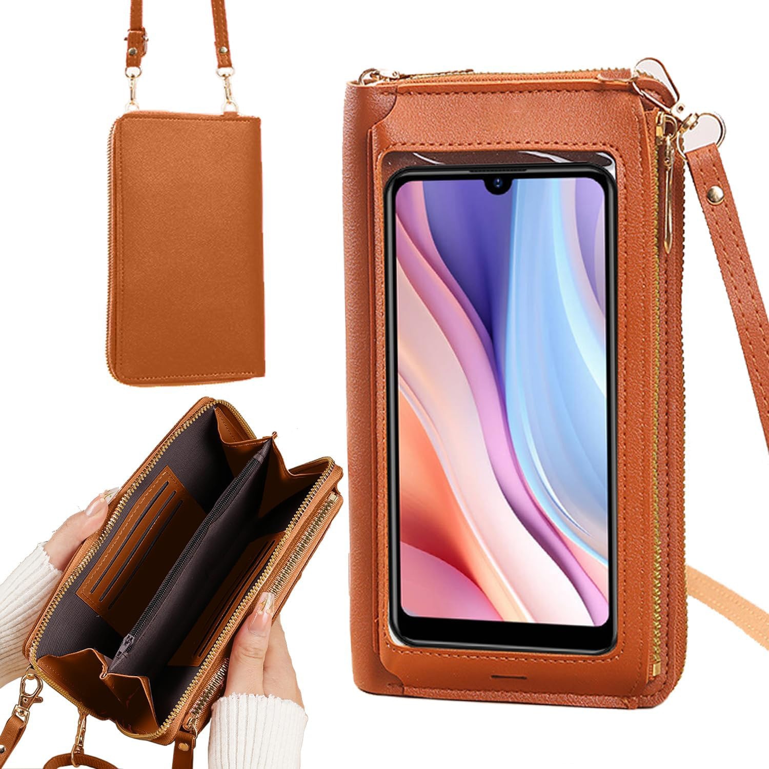 Husa portofel cu fermoar, 6 suporturi pentru carduri, huse telefon crossbody din piele PU, cu suport carduri cu fermoar si curea tip snur crossbody, cu buzunar pentru bani, maro