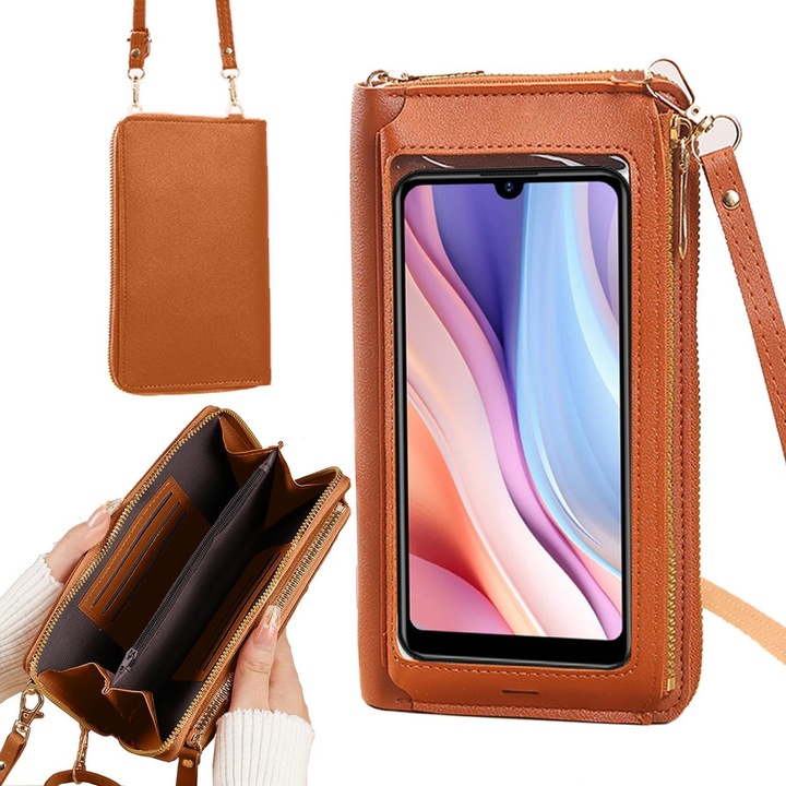 Husa portofel cu fermoar, 6 suporturi pentru carduri, huse telefon crossbody din piele PU, cu suport carduri cu fermoar si curea tip snur crossbody, cu buzunar pentru bani, maro