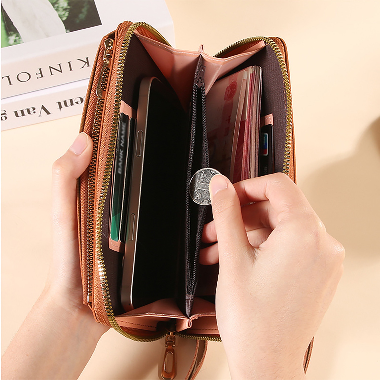 Husa portofel cu fermoar, 6 suporturi pentru carduri, huse telefon crossbody din piele PU, cu suport carduri cu fermoar si curea tip snur crossbody, cu buzunar pentru bani, maro