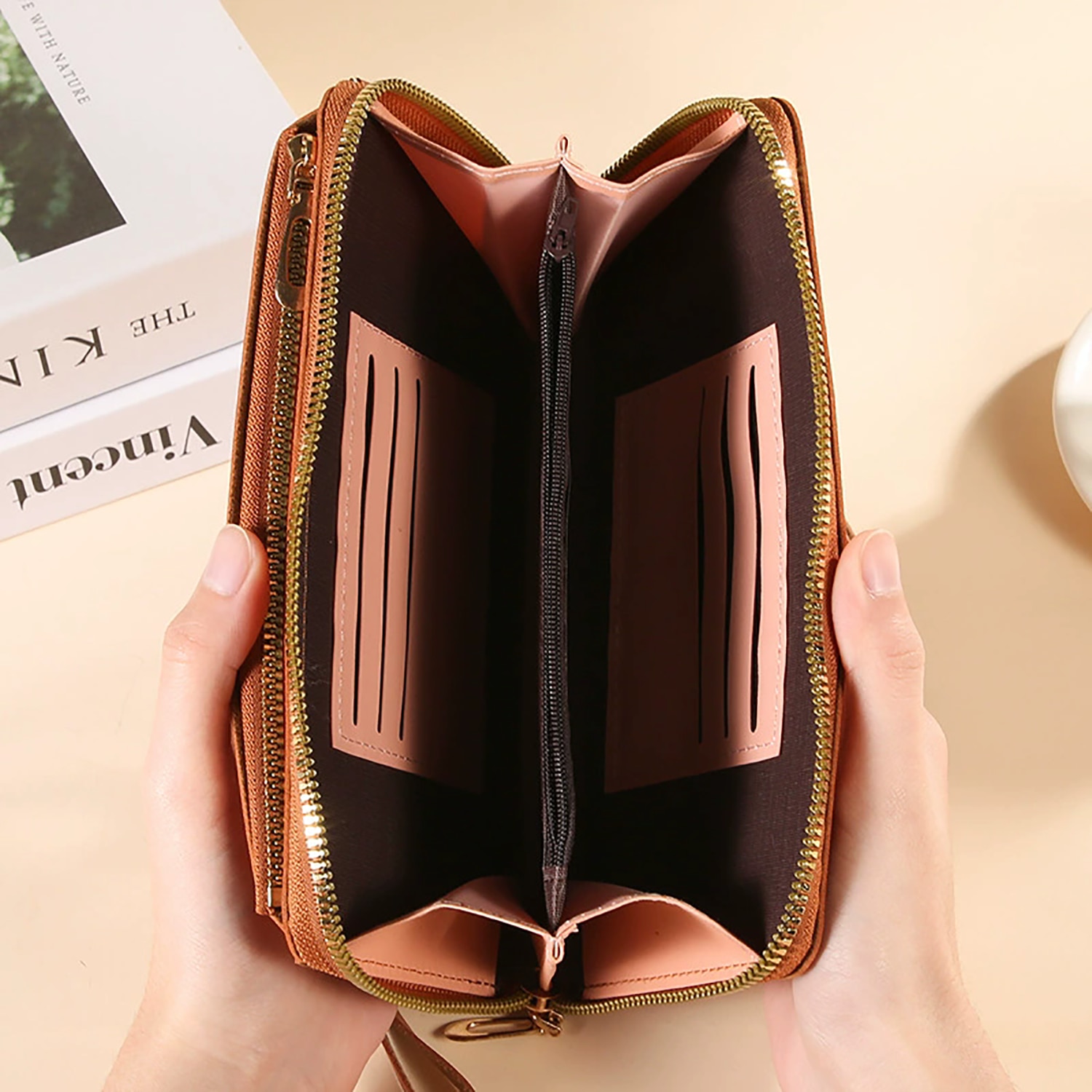 Husa portofel cu fermoar, 6 suporturi pentru carduri, huse telefon crossbody din piele PU, cu suport carduri cu fermoar si curea tip snur crossbody, cu buzunar pentru bani, maro