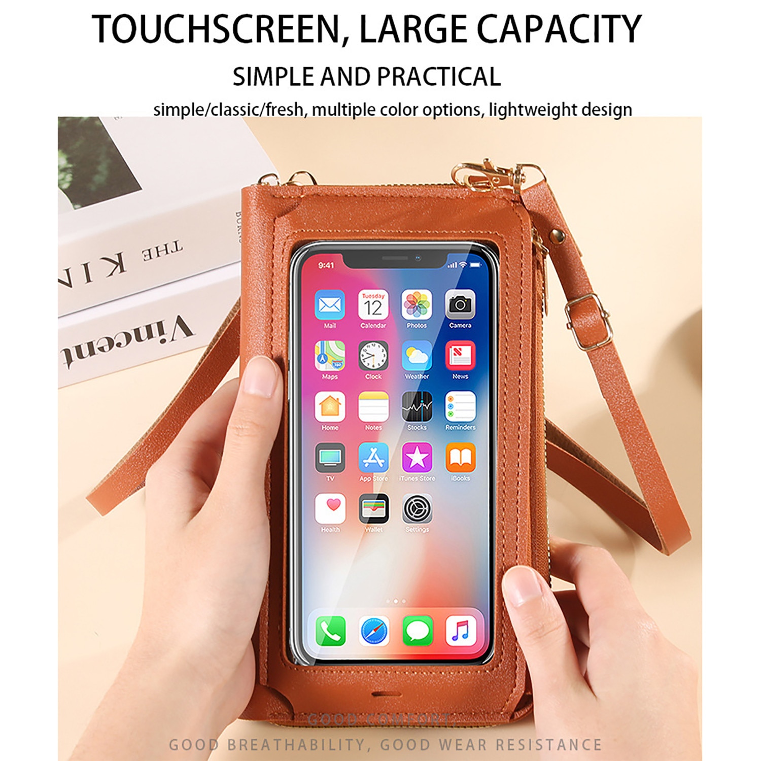 Husa portofel cu fermoar, 6 suporturi pentru carduri, huse telefon crossbody din piele PU, cu suport carduri cu fermoar si curea tip snur crossbody, cu buzunar pentru bani, maro