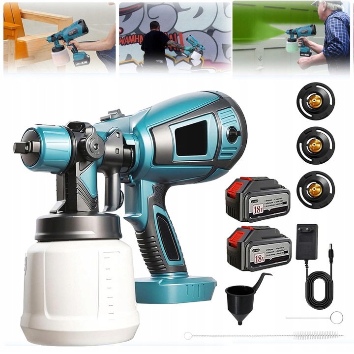 Pistol de vopsit fara fir, model CN-6000D, 1000 ml, 3 tipuri de pulverizare, 200W, set cu 2 baterii 18V