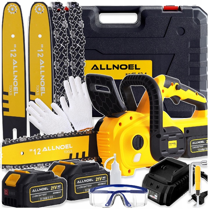 Elektromos láncfűrész, ALLNOEL, SCDLJ-12 modell, 2 db 4Ah akkumulátor, 12" (30cm), automata kenőrendszer, szállítódoboz