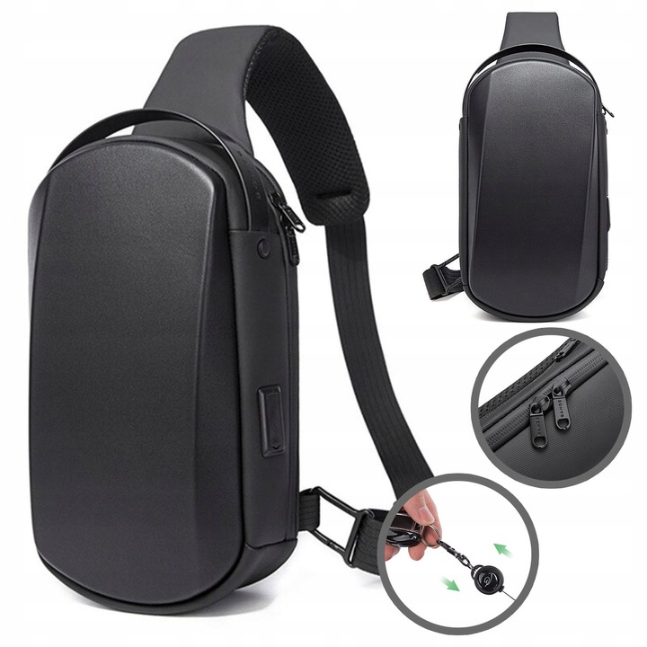 BANGE városi hátizsák egy vállra, USB rendszerezővel, fekete, 31x17x9cm